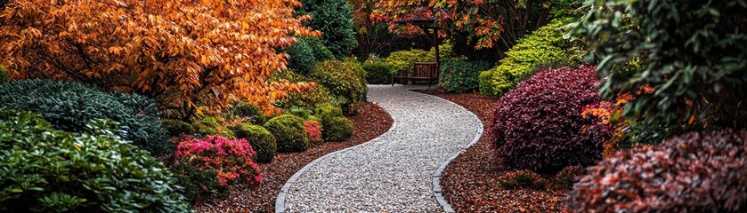 Fototapeta premium A winding gravel path leads through an autumnal garden framed by lush foliage and a solitary bench