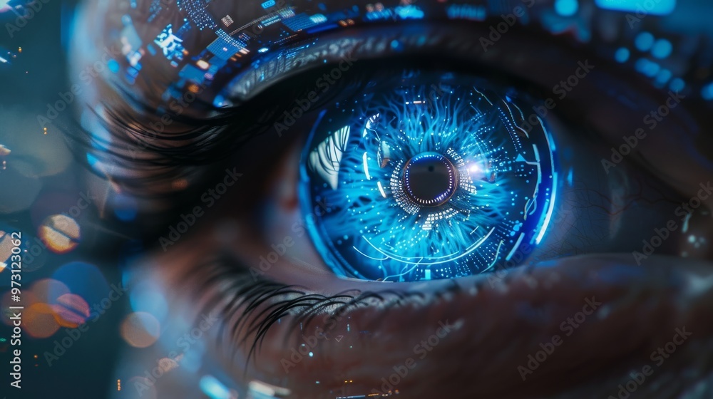 Aufkleber Detailed image of a cybernetic eye with a complex network of microchips and a luminous iris, set against a simple background