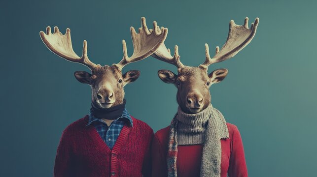 people animals manipulation clothes prints advertising graphic other heads christmas photo clothing moose cover concept animal funny surreal image wild zoo fantasy human man woman fashion head fur