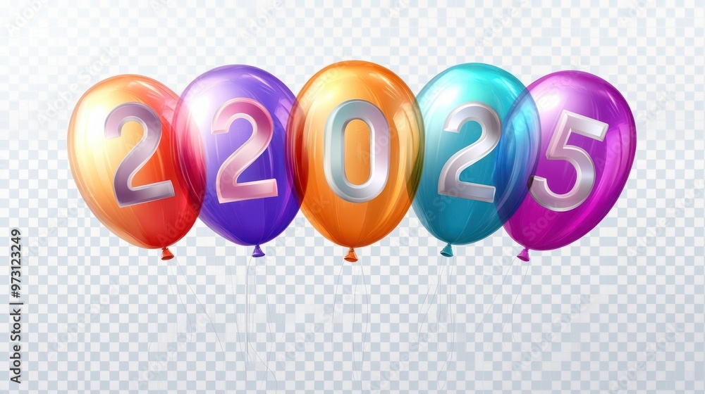 Poster photo with inflatable multicolored numbers 2025. minimalistic balloon isolated on a transparent back