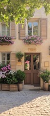 Fototapeta premium Vintage Rustic Shop House Front with Flower Boxes and Wooden Shutters in Daytime Nostalgic Charm and Modern Living Blend