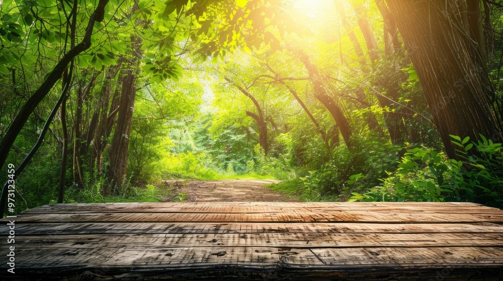 Poster a wooded area with a path leading through it