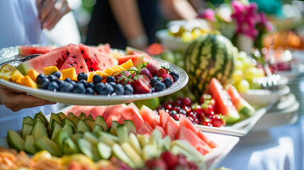 A person holding a plate, selecting colorful fruits from a buffet table loaded with fresh watermelon, berries, and tropical fruits.