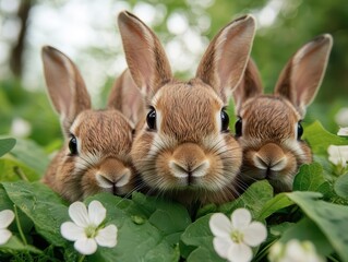 Fototapeta premium A family of rabbits hiding among tall grasses and wildflowers, blending into their natural habitat rabbits, wildlife, botanical meadow