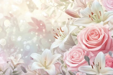 Close-up of White Lilies and Pink Roses with a Soft Bokeh Background