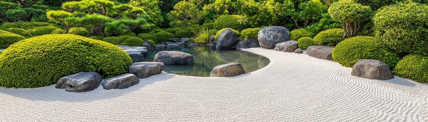 Zen Garden Serenity LowAngle View of White Gravel Curved Patterns and a Pond Surrounded by Green Bushes and Large Rocks
