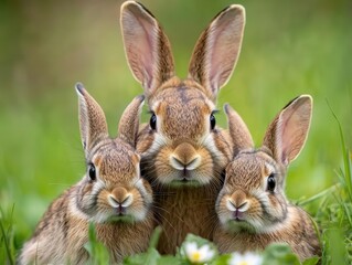 Obraz premium A family of rabbits hiding among tall grasses and wildflowers, blending into their natural habitat rabbits, wildlife, botanical meadow