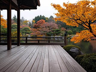 A View From The Deck Autumn Hues Reflected in Still Waters of a Japanese Garden