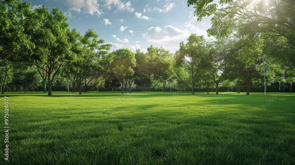 Poster A large, lush green field with trees in the background