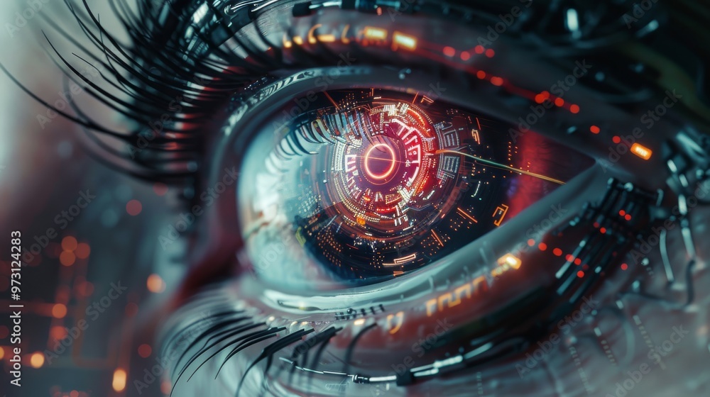 Aufkleber Detailed view of a cybernetic eye with a high-definition display and elaborate circuitry, set against a minimalist background