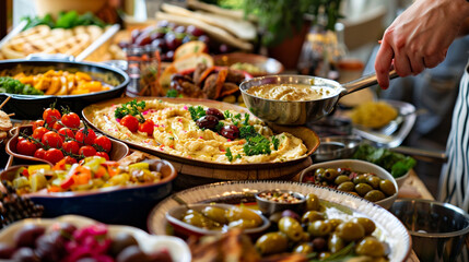 Obraz premium A buffet table filled with Mediterranean dishes, with a person serving themselves hummus, pita bread, falafel, and olives from a colorful spread.