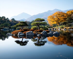 Fototapeta premium Serene Reflections Trees and Rocks Mirrored in a Still Pond Autumn Colors and Distant Mountains in the Background