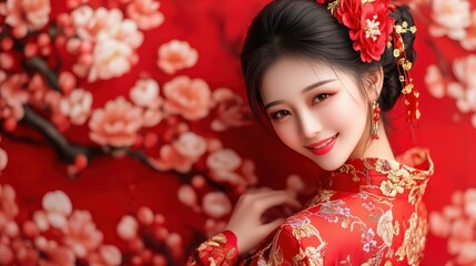 Smiling vogue Chinese girl with Chinese traditional clothing on Chinese new year traditional festival background