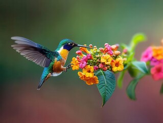 Fototapeta premium A pair of hummingbirds drinking nectar from brightly colored flowers in a tropical garden hummingbirds, wildlife, botanical garden