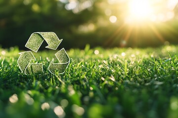 Recycling symbol on fresh grass illuminated by sunlight during a bright afternoon in a park setting