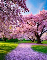 Obraz premium Lavish Cherry Blossom Trees in Full Bloom, Transforming Park into a Pink Wonderland
