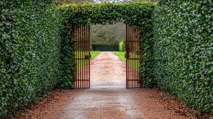 A rusted iron gate covered in ivy, leading to a forgotten garden overtaken by wild plants iron gate, botanical, wildlife garden