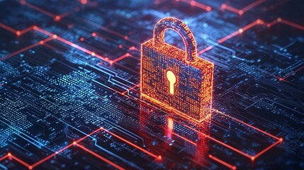 A digital lock hovering over a complex encrypted network, illustrating technology and security concepts.
