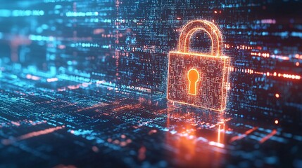 A digital lock symbol floating over an encrypted network, representing secure technology and data protection.