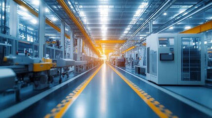 Obraz premium A bright, clean factory interior with modern machinery and production lines, showing sharp details and a well-lit environment