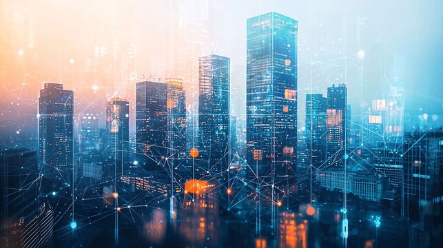 A striking double exposure image blending modern architecture with digital elements, creating a futuristic urban scene.