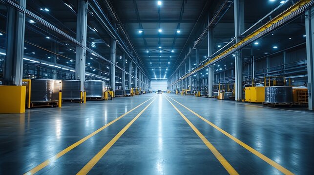 A factory interior featuring advanced production lines and safety signs, with excellent lighting and no dark areas, showing high clarity