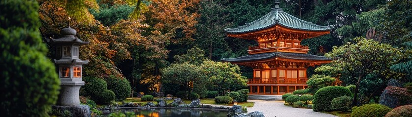 Obraz premium A Serene Pagoda Amidst a Lush Japanese Garden at Dusk Viewed Through a Stone Lanterns Frame