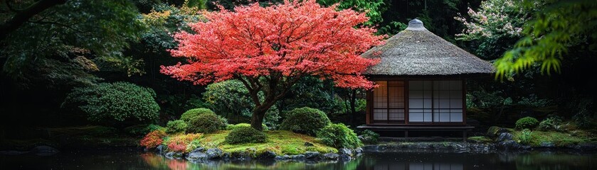 Naklejka premium Autumn Tranquility A Japanese Garden Pavilion Reflecting in a Serene Pond a vibrant maple tree stands tall amongst lush greenery