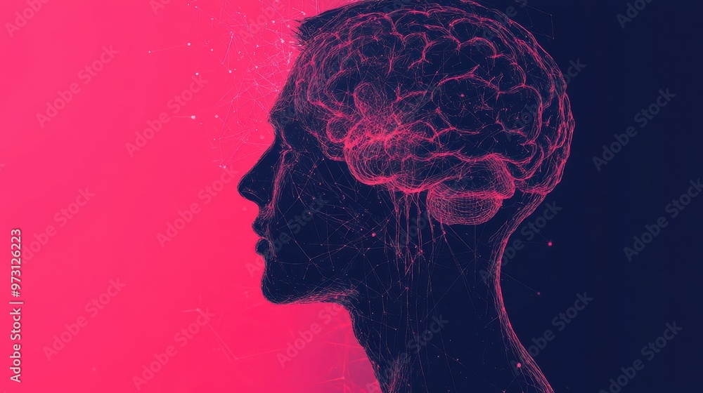 Poster Human silhouette dissolving into neural patterns, critical thinking and intelligence, minimal design 
