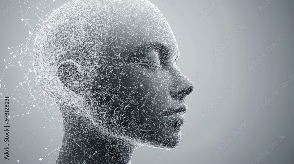 Poster a digital representation of a human head made up of a complex neural network, symbolizing artificial