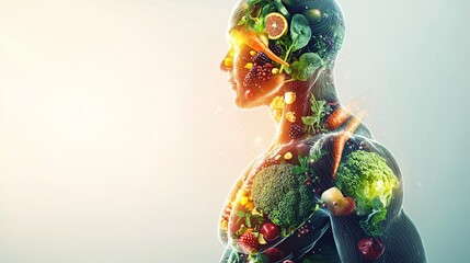 Vibrant image featuring a human body intertwined with various fresh fruits and vegetables, creating a harmonious and healthy display.