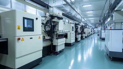 Factory floor with advanced technology, machinery in use, and clear detail, with excellent lighting and sharpness, giving a modern and clean impression