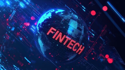Abstract digital globe with text "FINTECH", global network and financial technology on blue background