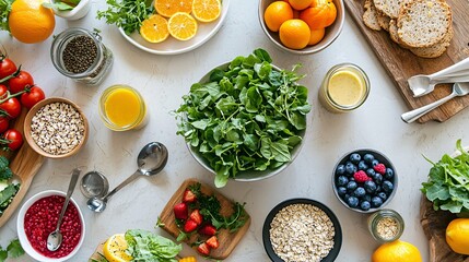 An image showcasing a modern kitchen table filled with a variety of fresh and healthy ingredients.