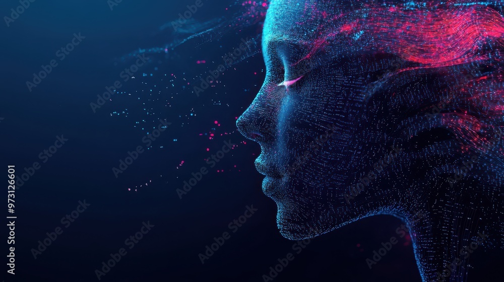 Aufkleber a futuristic digital profile of a female face with vibrant flowing data streams, symbolizing artific
