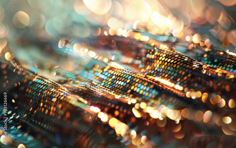 Poster vibrant sequin dress pattern shining in sunlight, bokeh effect, macro , intricate and colorful desig