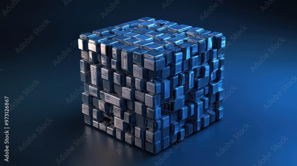 Aufkleber A futuristic metallic cube composed of intricate interconnected blocks, symbolizing technology, data storage, and modern digital architecture.

