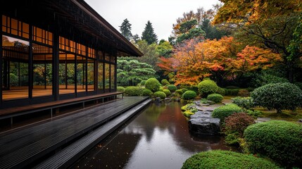 Fototapeta premium Autumn Reflections A Traditional Japanese Garden with a Wooden Pavilion overlooking a Pond and Lush Greenery