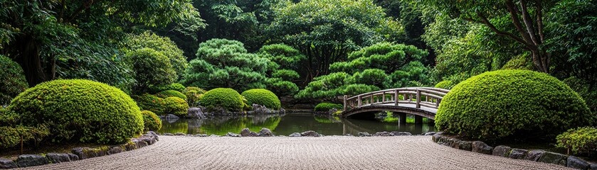 Zen Garden Path A LowAngle View of a Stone Pathway Leading to a Wooden Bridge Over a Tranquil Pond Surrounded by Lush Greenery