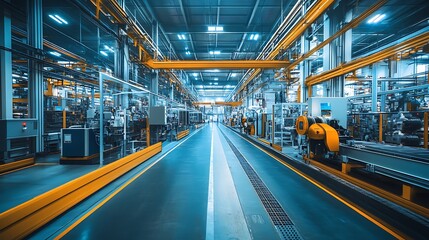 Obraz premium Well-organized factory interior showcasing automated machinery and safety zones, all brightly lit with sharp, clear details throughout the space