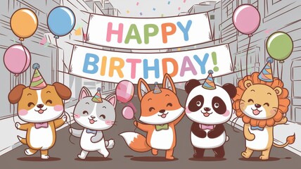 Fototapeta premium Cheerful Cartoon Animals Celebrating a Happy Birthday Party