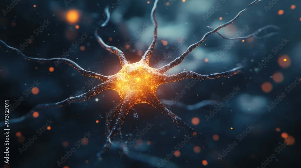 Poster Single glowing neuron floating in a minimal 3D space, representing intelligence and perception 