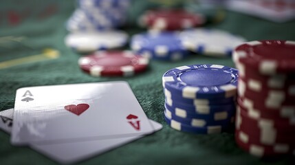 Cards and Chips: A poker scene with playing cards and a stack of colorful poker chips on a green felt table. 
