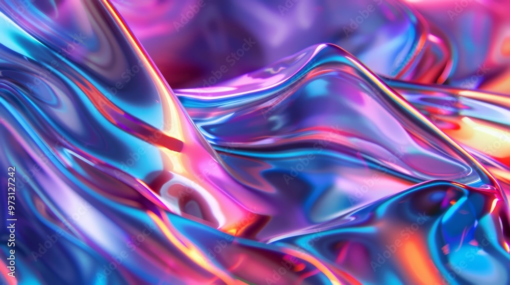 Poster dynamic holographic shapes with a shimmering effect, creating a sense of movement and depth. close-u