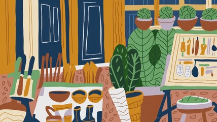 Artistic Kitchen Scene with Plants and Utensils