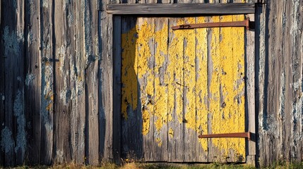 A weathered wooden door with peeling yellow paint on a rustic barn.