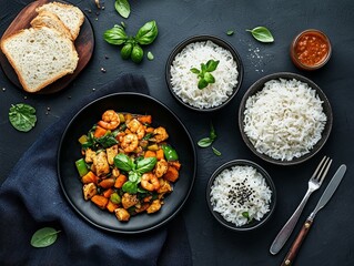 Overhead View of Shrimp StirFry with Rice Bowls and Basil Garnish on a Black Surface