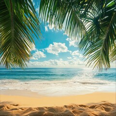 Serene Beach View with Palm Trees and Clear Blue Sky