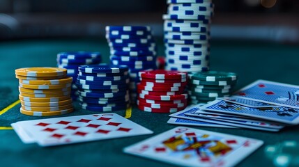 Naklejka premium Cards and Chips: A poker scene with playing cards and a stack of colorful poker chips on a green felt table. 