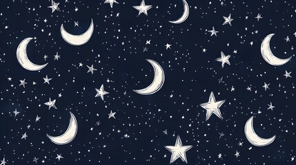 Naklejka premium Night Sky Pattern with Hand Drawn Moon and Stars